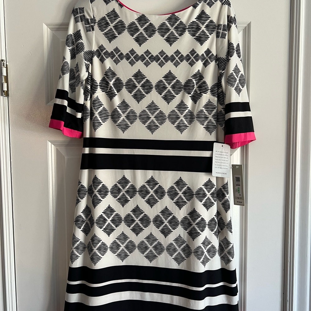 Stylish Black and White Geometric Dress with pop of Pink